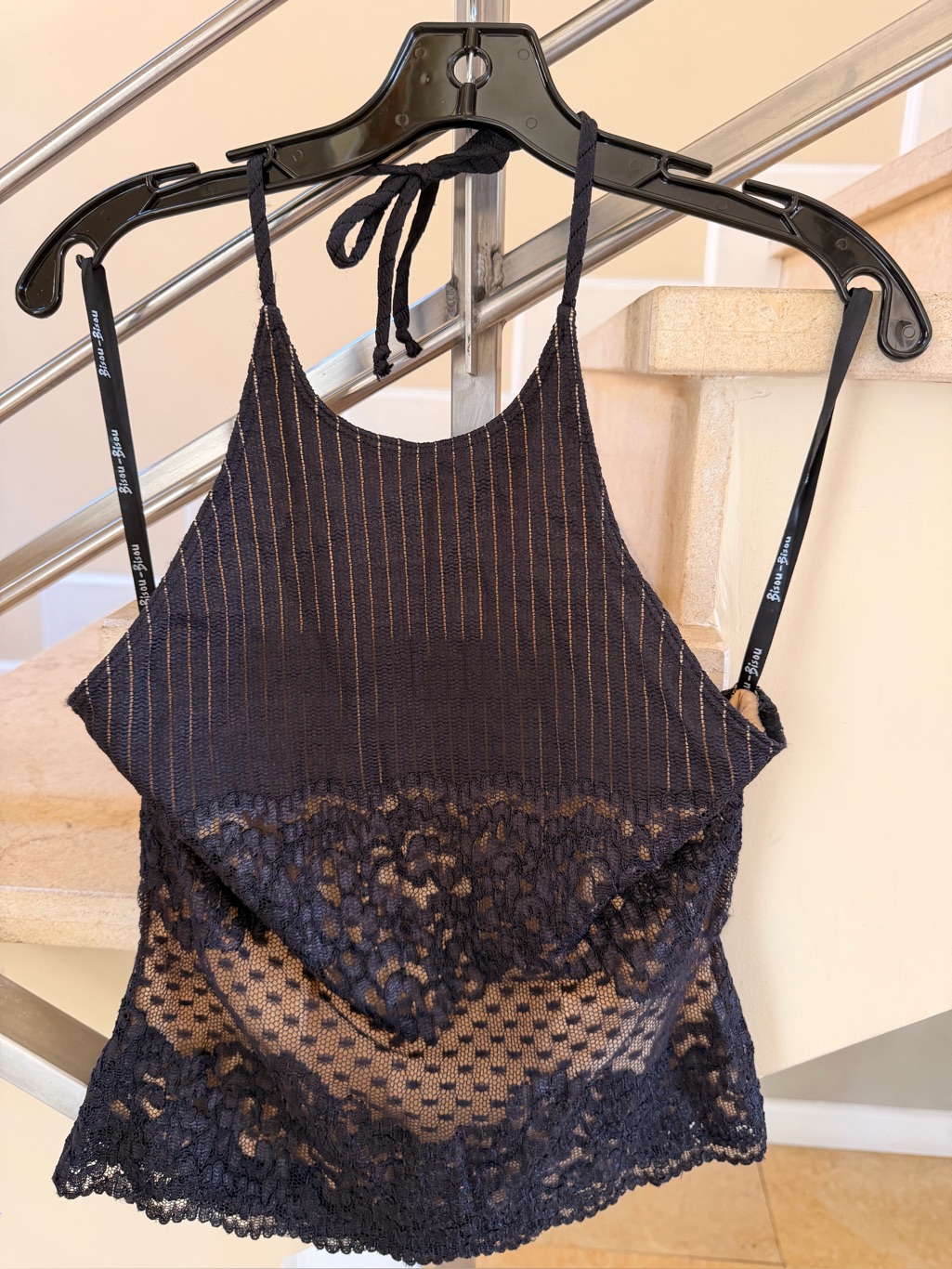 Vintage Bisou Bisou Black Lace-Trimmed Beige Halter Top